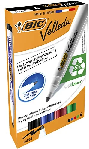 BIC Whiteboard Marker Velleda 1701 Ecolutions Rotuladores de Pizarra Punta Media – Colores Surtidos, Blíster de 4 Unidades