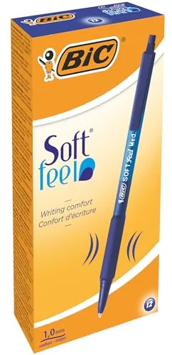 BIC Soft Feel, bolígrafos retráctiles, suave grip, punta media (1,0 mm), color azul, caja de 12