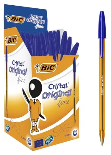 BIC Cristal Original Fine, Boligrafos Punta Fina (0.8mm), Óptimo para Uso Escolar y de Oficina, Caja de 50 Unidades, Azul