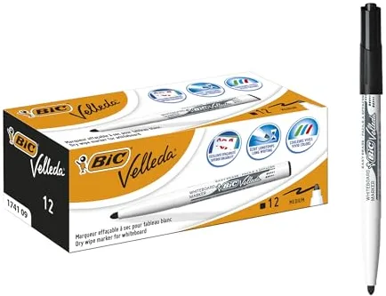 BIC Velleda 1741 Rotuladores de Pizarra Punta Media Para Pizarra Blanca, Óptimo para la Escuela y la Oficina, Color Negro, Caja de 12 Unidades
