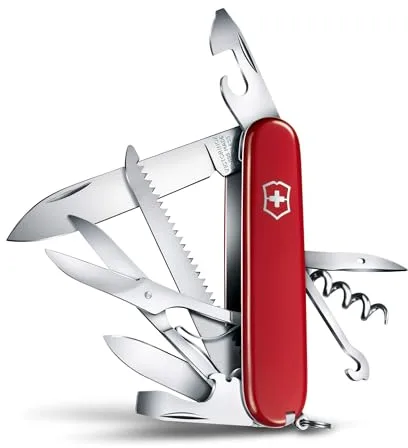 Victorinox Huntsman, Swiss Army Knife, Navaja suiza multiusos con 15 funciones, incluyendo tijeras, sierra para madera y sacacorchos, Rojo