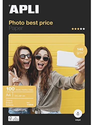 APLI 11804 - Papel fotográfico Best Price, A4, pack de 100 hojas, 140g, con acabado brillante, apto impresoras inkjet