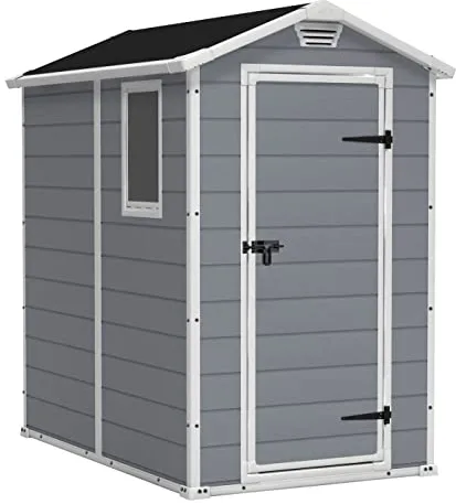 Keter Manor 4X6 - Caseta de jardín, 130x192x198cm y 2,2m2, Suelo, Sistema de ventilación, Puerta y Ventana, Resistente al Agua, Color Gris