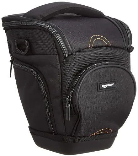 Amazon Basics Bolso Bandolera Estilo Funda para Cuerpo de Cámara SLR y Objetivo, Correa Desmontable, Impermeable, Antiimpactos, Acolchado, Sólido, Bolsillo para Accesorios - Negro, 17,5 x 16 x 23 cm