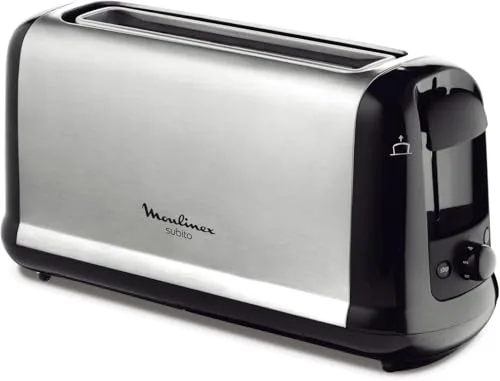 Moulinex Subito LS2608 - Tostadora 1 ranura extragrande, 1000 W, 7 ajustes/tiempo de tostado, función Stop, bandeja recoge-migas, 2 funciones descongelar y recalentar, Negro/Acero Inoxidable