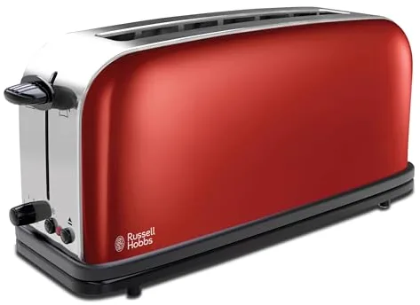 Russell Hobbs Tostadora Colours Plus - 1 Ranura Larga y Ancha, Tostador para 2 Rebanadas, Bandeja Recogemigas, Calientapanecillos, Función Cancelar y Descongelar, Acero Inoxidable, Rojo - 21391-56