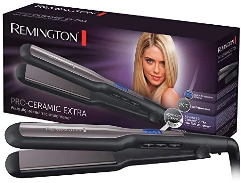 Remington Plancha de Pelo Pro Ceramic Extra, Cerámica Avanzada Ultra, Placas Flotantes Anchas, Temperatura hasta 230°C, Función Turbo y Bloqueo Temperatura, Digital, Calentamiento 15s, S5525