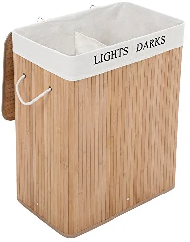 SONGMICS Cesto Ropa Sucia, 100 L, Cesta Ropa Sucia 2 Clasificaciones, con Tapa, Bambú, con Asas, Plegable, Bolsa Interior Extraíble y Lavable a Máquina, para Lavandería, Dormitorio, Natural LCB64Y