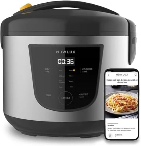 NEWLUX - Robot de Cocina Multifunción 5L SmartChef V50 con Cubeta Antiadherente, Programable 24H, 9 Funciones y 8 Menús automáticos. Mantiene Caliente 24H, Negro