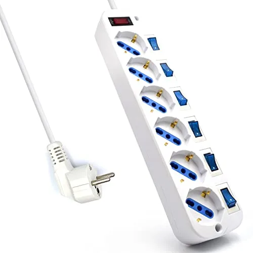 Ewent EW3932 - Regleta con 6 enchufes (Longitud cable 1.5 metros, 2500 W, protection para niños), color blanco