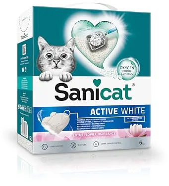 Sanicat - Arena Aglomerante Active White con Flor de Loto, Hecha de minerales naturales con control de olor garantizado, Absorbe la humedad y facilita la limpieza, 6 L de capacidad