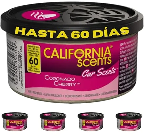 California Scents Ambientador de Coche en Lata - 4 Pack - Fragancia Duradera de Cereza (hasta 30 Días) - Control de Intensidad de Olor para un Ambiente Fresco y Personalizado en tu Coche, 42g