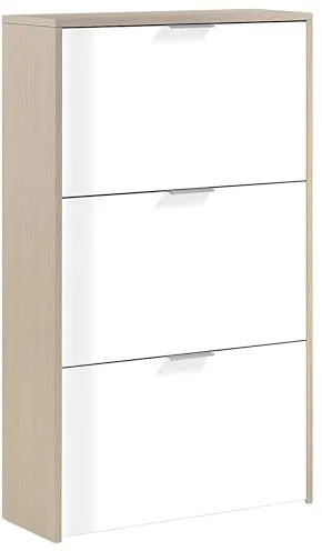 Habitdesign Zapatero 3 Puertas, Zapatero Estrecho, Acabado en Color Blanco Brillo y Roble Canadian, Medidas: 60 cm (Largo) x 113 cm (Alto) x 22 cm (Fondo)