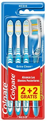 COLGATE Cepillo de dientes Extra Clean medio, limpia alcanzando hasta los dientes posteriores Pack 2+2, Multicolor (CP21509)