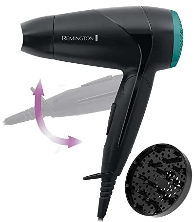 Remington Secador de Pelo Pequeño Compacto, Secador de Viaje, Plegable, óptimo Gimnasio, Concentrador, Difusor Compacto, Caudal 60km/h, 2 Velocidades, Gancho Para Colgar - D1500