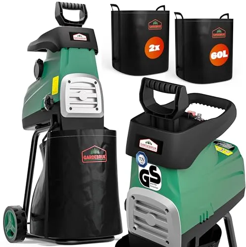 GARDEBRUK® Trituradora Silenciosa Eléctrica de Jardín 3100W máx. 2X Bolsas de Recolección 60L para Ramas máx.44mm
