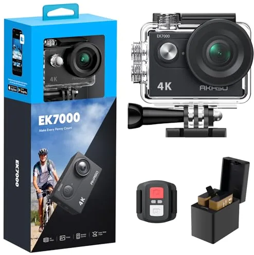 AKASO Cámara Deportiva 4K, 30FPS 20MP WiFi Cámara de Acción, Gran Ángulo 170° con Control Remoto 2.4 G, Camara Acuatica Sumergible 30M con 2 Baterías Estabilización EIS (EK7000)