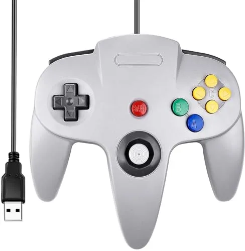 miadore Mando N64 con cable USB, Gamepad joystick clásico N64 compatible con Windows PC, Mac, Linux, Raspberry Pi 3 (gris)