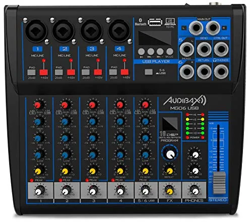 Audibax MG06 USB Mesa Mezclas 6 Canales con Bluetooth, MP3,USB Rec y Efectos