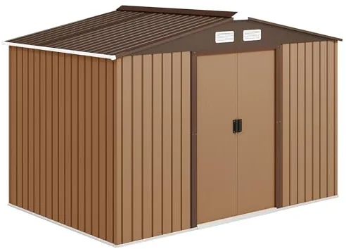 Outsunny Caseta de Jardín Exterior, 5 m² 277x195x192 cm, Cobertizo de Jardín Exterior Metálico con 2 Puertas Correderas, Base Refuerzo (Suelo NO Incluido) y 4 Ventanas, Amarillo