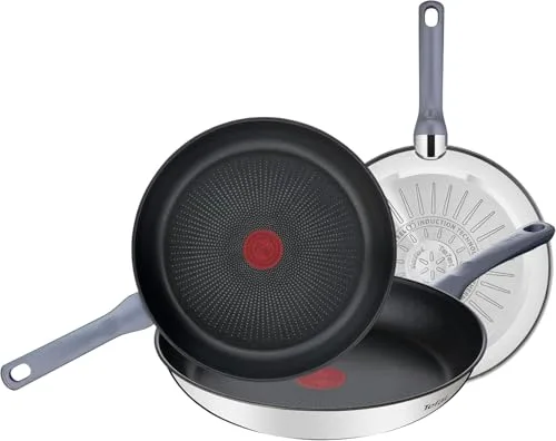 Tefal Daily Cook - Juego de Sartenes de 20/24/26 cm, Apto inducción, antiadherente, revestimiento titanio, Thermo-signal, apto lavavajillas y horno, acero inoxidable