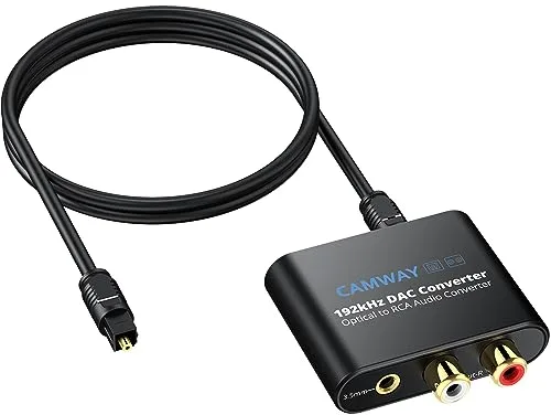 CAMWAY 192KHz Convertidor de Audio Digital a Analógico, Adaptador SPDIF Óptico a RAC+3.5mm,L/R DAC con Cable Óptico de 1M,Compatible con TV/DVD/Blu-ray/Xbox/PS3/PS4