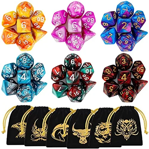 QMAY Poliédrico Dados, 6 x 7 (42 Piezas) Colores Dobles Dados de Juego, para Dungeons and Dragons DND RPG MTG D20 D12 D10 D8 D6 D4 Juego de Mesa, con Paquete de 6 Negro Bolsas