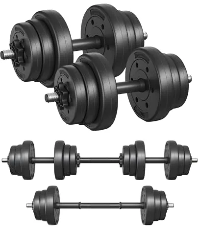 SONGMICS Juego de Mancuernas 2 en 1, Mancuernas Ajustables de 2 x 10 kg, con Barra Adicional, Placas de Peso Recubiertas de Plástico, Entrenamiento de Fitness, Gimnasio de Casa, Negro Tinta SYL20HBK