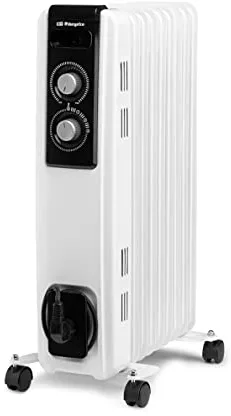 Orbegozo RF 2000, Radiador eléctrico bajo consumo, 2000 W, 3 potencias de calor, 9 elementos, termostato regulable, protección contra sobrecalentamiento, ruedas pivotantes, color blanco