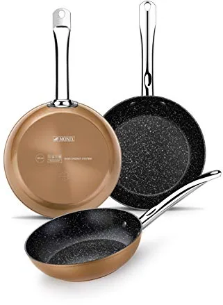 Monix Copper Set de 3 Sartenes 20-24-28 cm, Efecto Cobre, Aluminio Forjado Antiadherente con Partículas de Titanio, Aptas para Todo Tipo de Cocinas incluso Inducción