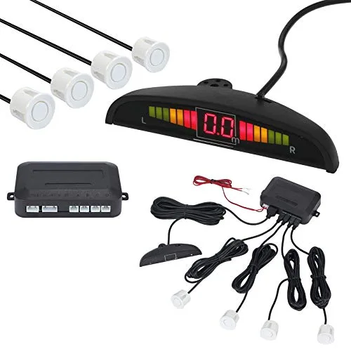 AUTOUTLET Sensores de Aparcamiento, Sistema de Sensor de Estacionamiento, Asistencia de Aparcamiento Kit de Auto LED Display + Alarma de Sonido, Cocar Coche Aparcamiento Kit con 4 Sensores Blancos