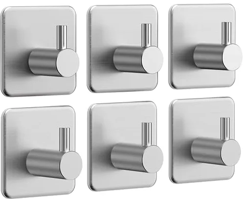 Auxmir Ganchos Adhesivos para Pared, Acero Inoxidable Colgador Toallas sin Taladro, Toalleros Autoadhesivo Extrafuerte para Baño Cocina Albornoz Trapos, Gris, 6 Piezas