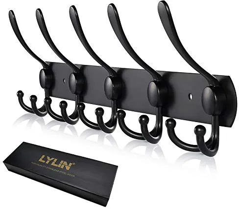 LYLIN Perchero de Pared, Perchas de Acero Inoxidable Montaje en Pared, Ganchos de Perchero para Dormitorio Baño y Cocina (15 Gancho, 1Pcs, Negro Mate)