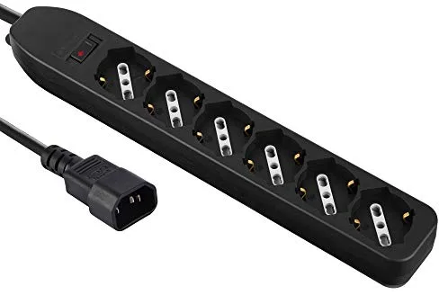 Electraline 62067 Regleta para UPS con 6 enchufes bivalentes 10/16 A con interruptor de seguridad, enchufe entrada tipo VDE C14, cable 1,5 m, negro