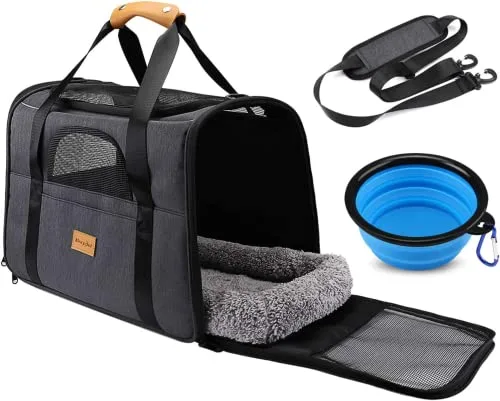 Transportín Perro Gato, Bolsa de Transporte Transpirable para Mascotas, Portador de Viaje con Correa de Hombro Ajustable, Transporte de Gato con Colchón Suave + Tazón Plegable (17.3*12.2*13.4 inch)