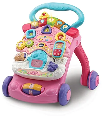 VTech - Andador andandín 2 en 1, correpasillos con música y luces, patas plegables, panel extraíble, regulador de velocidad, color rosa, versión ESP, embalaje estándar
