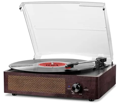 Tocadiscos Vintage Bluetooth con Altavoces Incorporados, 3 Velocidades 33/45/78 RPM, Salida RCA/Aux in - Marrón