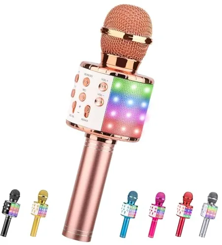 ShinePick Microfono Inalámbrico Karaoke, Micrófono Karaoke Bluetooth Portátil con Altavoz y LED para Niños Canta Partido Musica, Compatible con Android/iOS PC, AUX o Teléfono Inteligente (Oro Rosa)