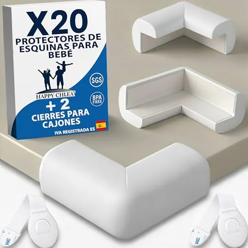 Happy Chlea 20 Protector Esquinas Bebé de Goma con Tecnología Espuma Activa + 2 Cierres Seguridad Cajones, Esquineras para Cama, Mesa y Muebles