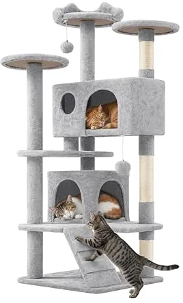 Yaheetech Árbol Rascador para Gatos 139cm con 3 Plataformas 2 Nidos 2 Pompones Torre de Escalador con Postes en Sisal Ideal para 3-4 Gatos Gris Claro