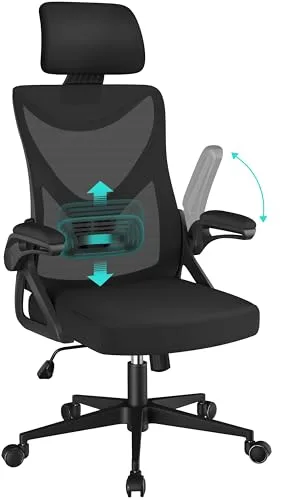 Yaheetech Silla de Oficina Ergonomica con Soporte Lumbar Silla Escritorio Reposabrazo Ajustable Silla Oficina Reposacabeza Base Giratoria de 70 cm Transpirable Negro