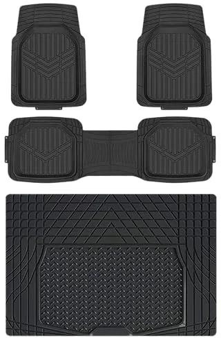 Amazon Basics Juego de alfombrillas, universales, resistentes, de PVC, con forro de carga, protección contra todo tipo de clima, ribetes impermeables para auto, SUV, sedán, camiones, 4 unidad, Negro