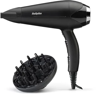 BaByliss Secador de Pelo Turbo Smooth - Secador potente de 2200W, Difusor grande, Tecnología iónica antiencrespamiento, 3 ajustes de temperatura 2 velocidades, Negro, D572DE