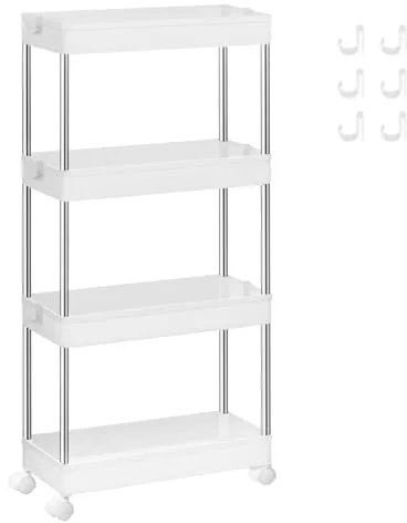 SONGMICS Carro de Almacenamiento de 4 Niveles, Carrito con Ruedas, Carro de Cocina, Ahorro de Espacio, para Baño, Oficina, 14,4 x 42 x 86 cm, Blanco Nube KSC08WT
