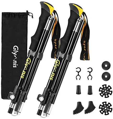 Glymnis Bastones de Senderismo Bastones Trekking Plegables 2pcs 36cm-130cm de Aleación de Aluminio 7075 y EVA para Senderismo Alpinismo Trail Viaje