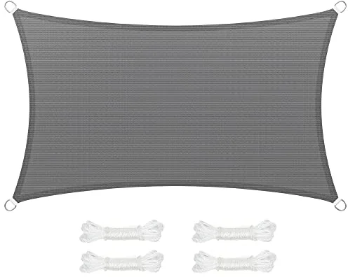 SONGMICS Vela de Sombra de 3 x 5 m, Tejido HDPE de Protección Solar, Transpirable, Permeable al Agua, Terraza, Jardín, Balcón, Camping, Rectangular, Cóncava, Cuerdas de 2 m, Gris Ahumado GSS35GY