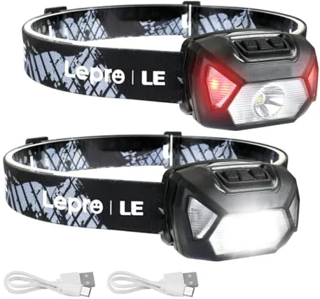LEPRO Linterna Frontal LED Recargable 2000lux (2 Pack), Linterna Cabeza USB Recargable D500, 6 Modos de Luz con Luz Rojo, Impermeable IPX4, Luz Frontal Cabeza para Correr, Camping, Excursión, Pesca