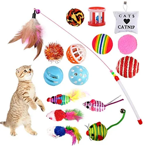 GOLDGE Juguetes para Gatos, Juguete Gato Interactivo, Juegos de Gatos Accesorios, Cat Toys, Cosas para Gato con Plumas, Ratóns, Pelota, Almohada y Juguete Interactivo Varias