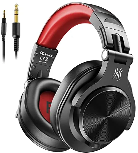 Auriculares OneOdio sobre la oreja, auriculares DJ con cable, auriculares HiFi de estudio con puerto compartido para monitor de grabación AMP de guitarra de piano e-drum (Rojo2)