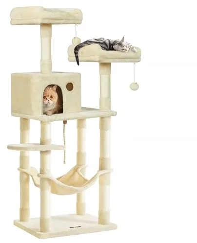 Feandrea Árbol para Gatos de Altura 143 cm, Torre para Gatos, con 11 Postes Rascadores, 2 Plataformas, 1 Cueva, 1 Hamaca, 2 Pompones, Tela de Felpa, Multinivel, Beige PCT15BE